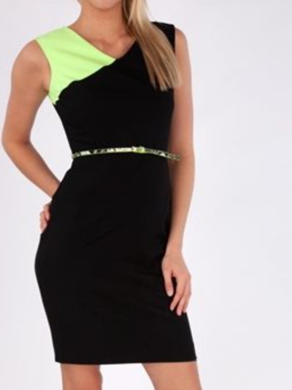 Calvin Klein Black One-Shoulder Dress with Neon Green Accent